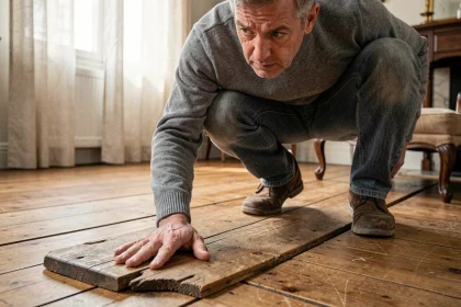 Homme accroupi inspectant une lame de parquet qui grince dans un appartement ancien