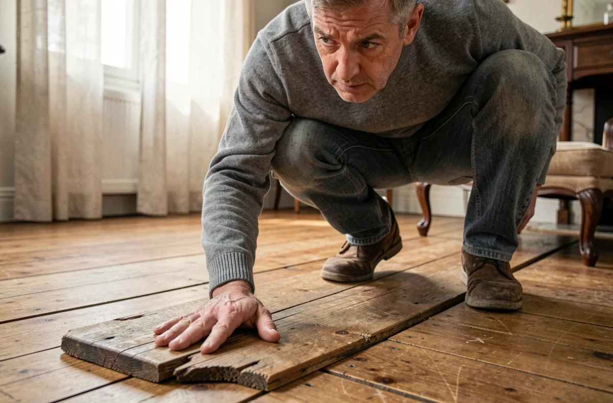 Homme accroupi inspectant une lame de parquet qui grince dans un appartement ancien