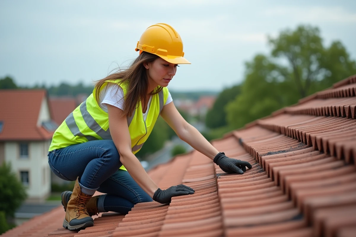 Femme couvreuse examinant une tuile sur le toit en hauteur