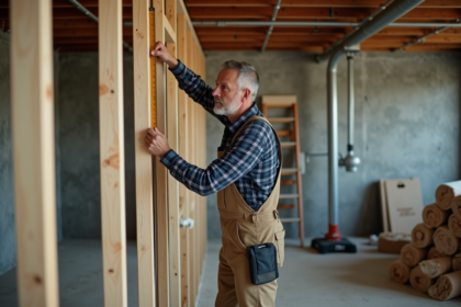 Hommes en overalls posant une structure en bois dans un sous-sol