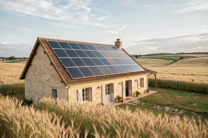 Panneaux solaires installés sur une maison de campagne en Centre-Val de Loire avec des champs à l'arrière-plan