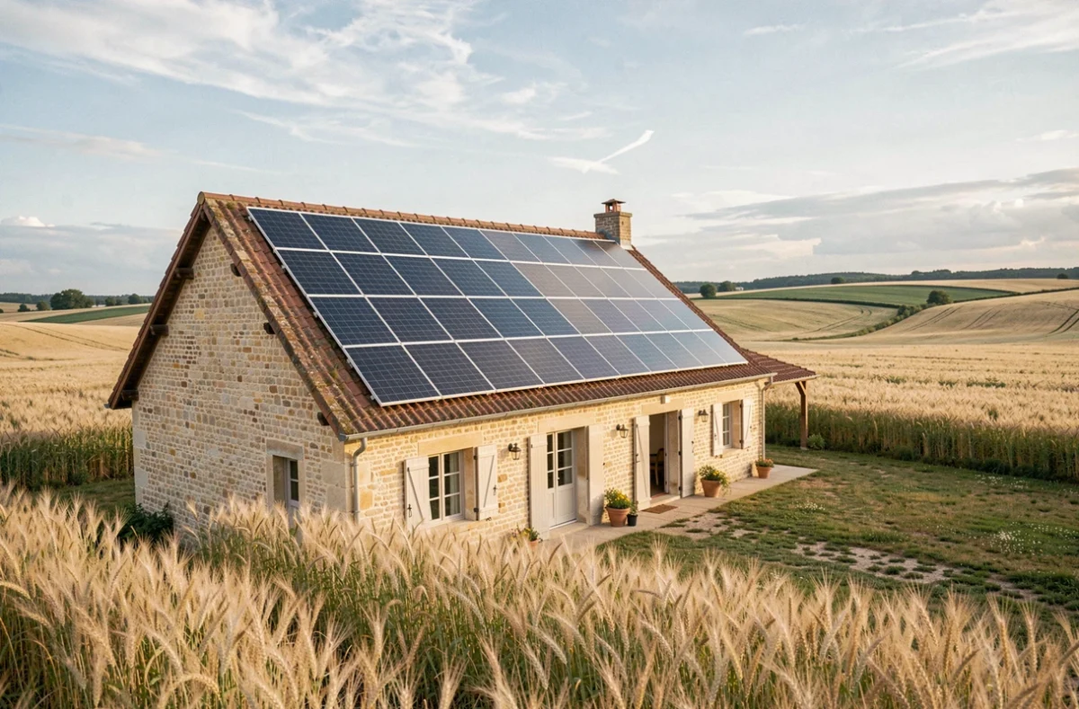 Panneaux solaires installés sur une maison de campagne en Centre-Val de Loire avec des champs à l'arrière-plan
