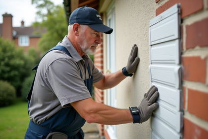 Homme en extérieur pose des panneaux d'isolation sur un mur