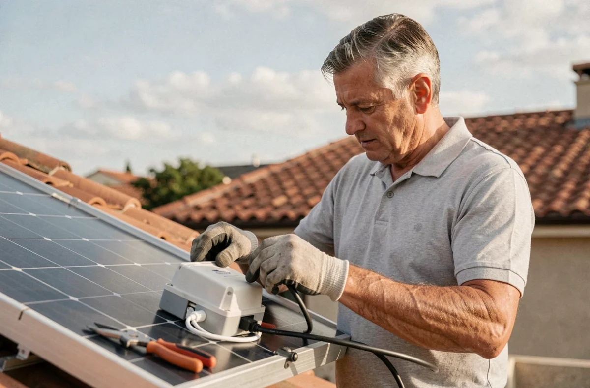 Un homme installe un micro-onduleur plug and play sur un panneau solaire en toiture de maison individuelle