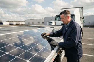 Technicien installant un panneau solaire sur le toit d'un camion dans un parking industriel