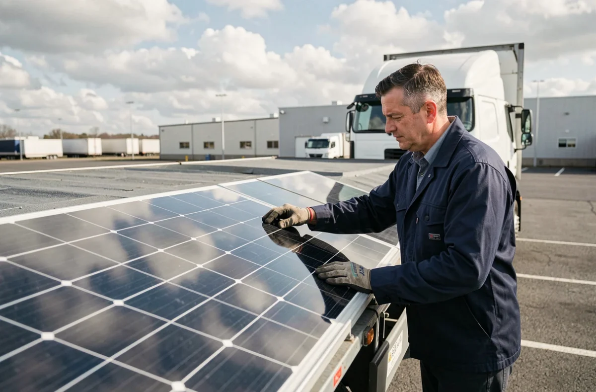 Technicien installant un panneau solaire sur le toit d'un camion dans un parking industriel