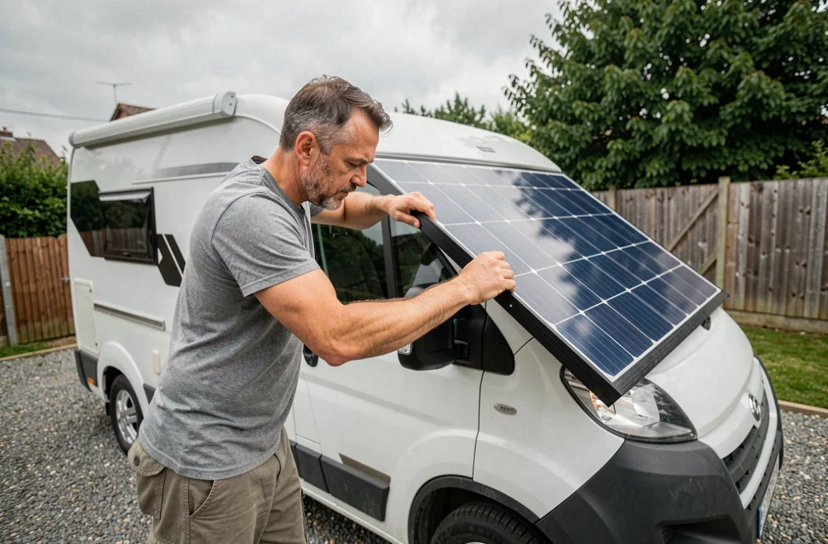 Homme installant un panneau solaire monocristallin sur le toit d'un fourgon blanc dans une allée gravillonnée