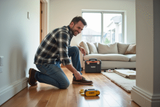 Homme d'âge moyen posant des plinthes dans un salon moderne