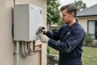 Technicien installant une pompe à chaleur air-eau Samsung sur la façade extérieure d'une maison moderne