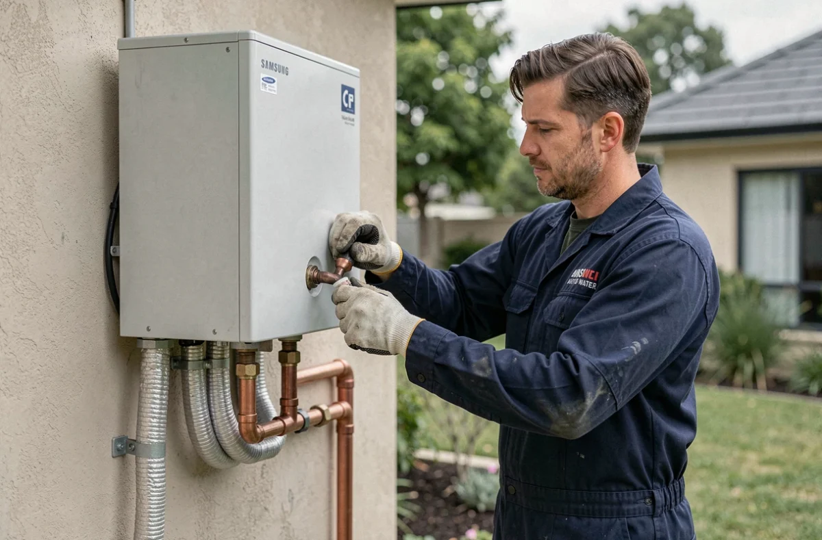 Technicien installant une pompe à chaleur air-eau Samsung sur la façade extérieure d'une maison moderne