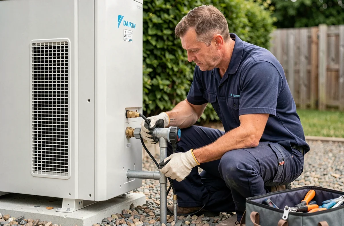 Technicien HVAC installant une pompe à chaleur air eau Daikin 11 kW dans un jardin résidentiel