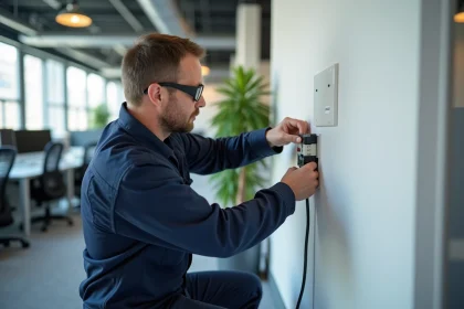 Électricien installant une prise dans une goulotte électrique blanche dans un open space moderne