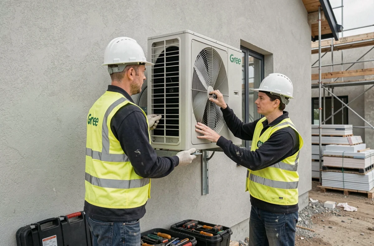 Deux techniciens installant une unité extérieure de pompe à chaleur Gree sur une maison neuve