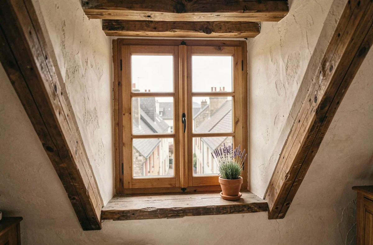 Intérieur de combles avec lucarne chien-assis en bois donnant sur les toits d'un village français
