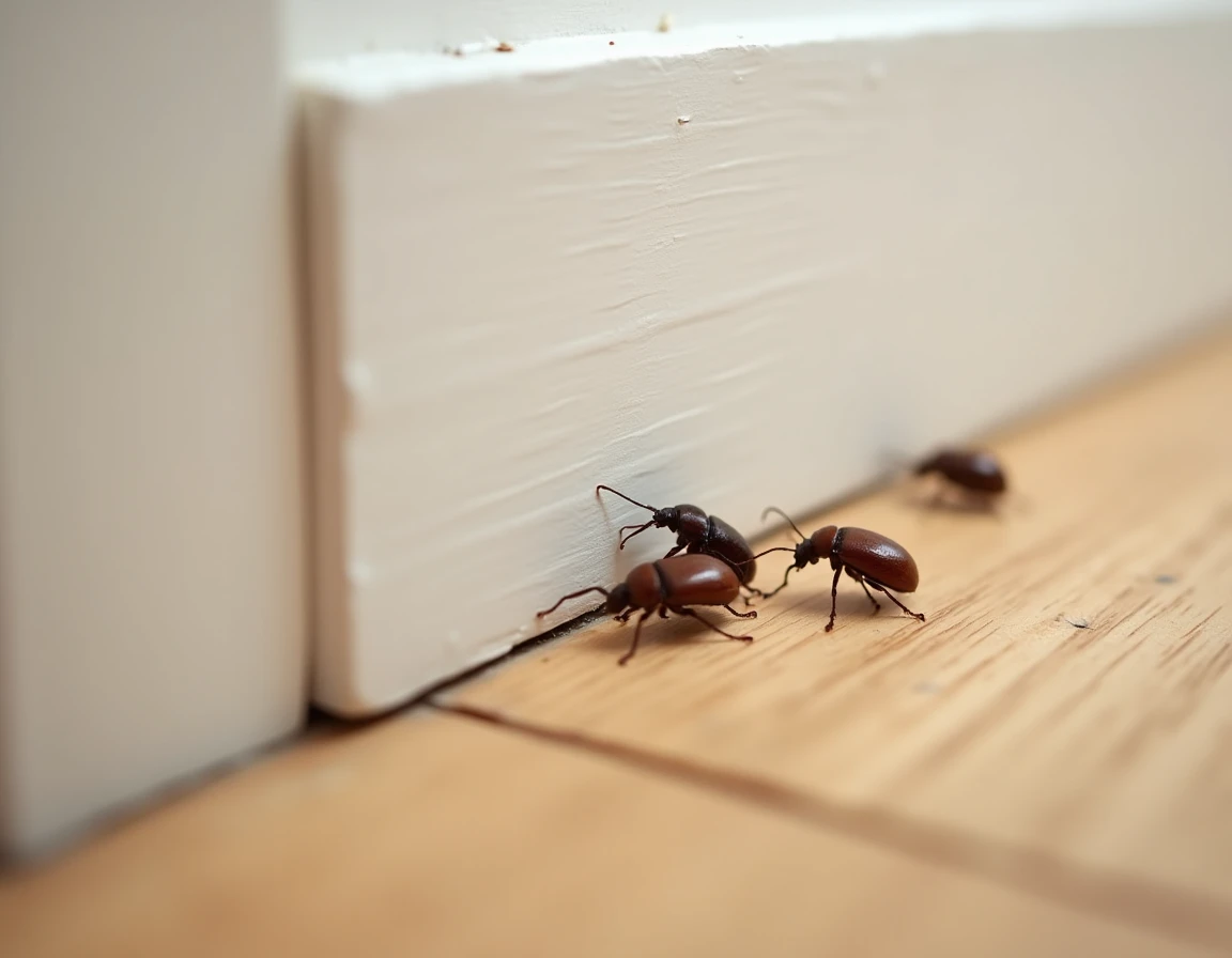 Groupe de petites bêtes marron près d'une plinthe dans un couloir de maison au printemps
