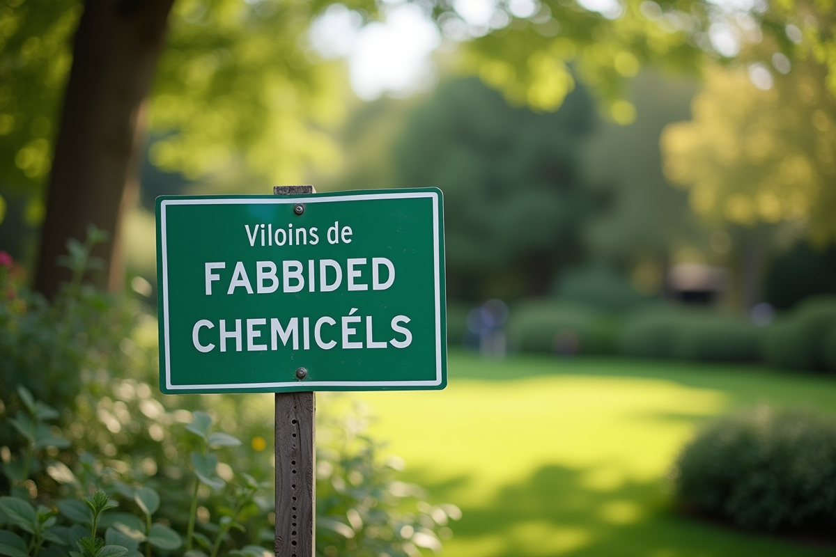 Jardin privé avec panneau d'interdiction de produits chimiques