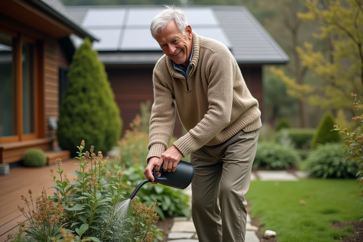 Homme age arrosant des plantes natives dans un jardin ecologique