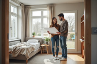 Jeune couple regardant un plan dans une chambre moderne
