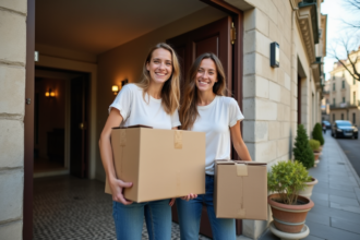 Jeune couple souriant avec cartons devant immeuble charmant