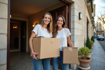 Jeune couple souriant avec cartons devant immeuble charmant
