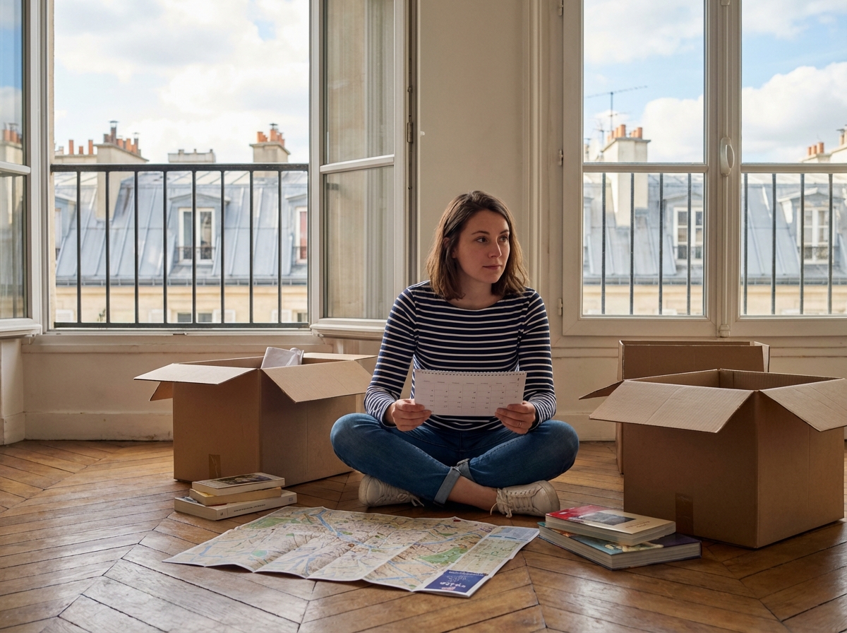 Jeune femme étudie un calendrier dans un appartement parisien