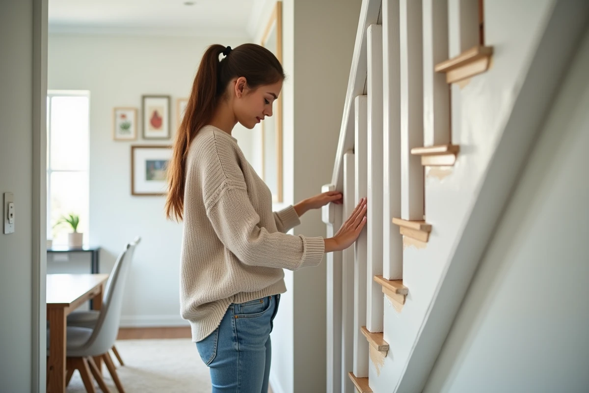 Femme regarde une peinture écaillée sur l