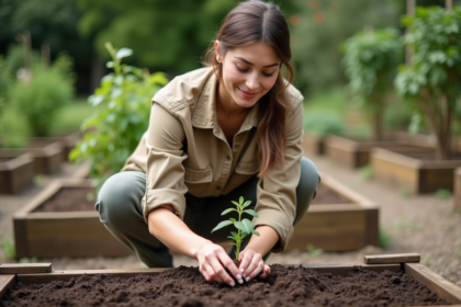 Femme plantant une jeune pousse dans un jardin communautaire