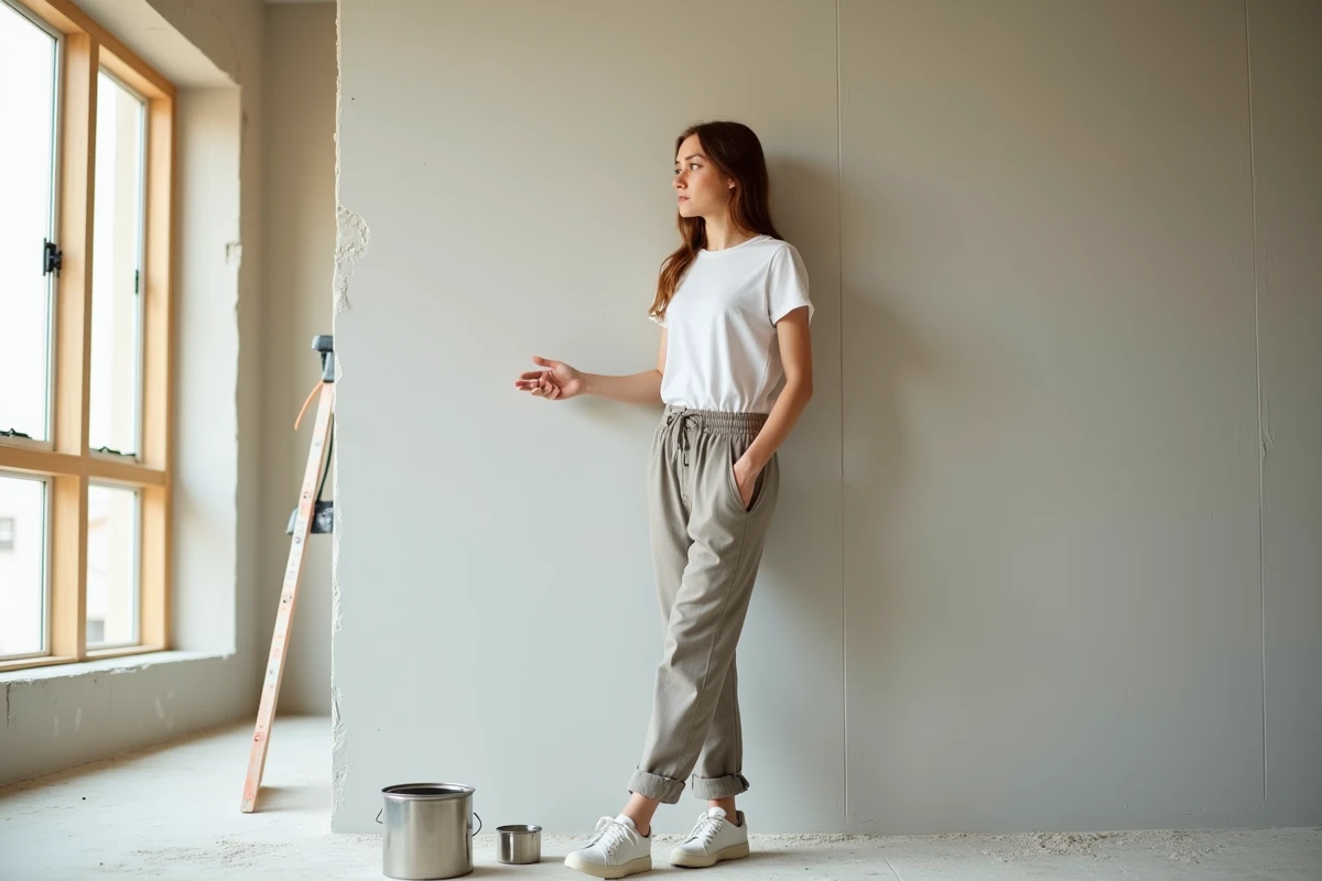Jeune femme comparant deux pots de peinture devant un mur neuf