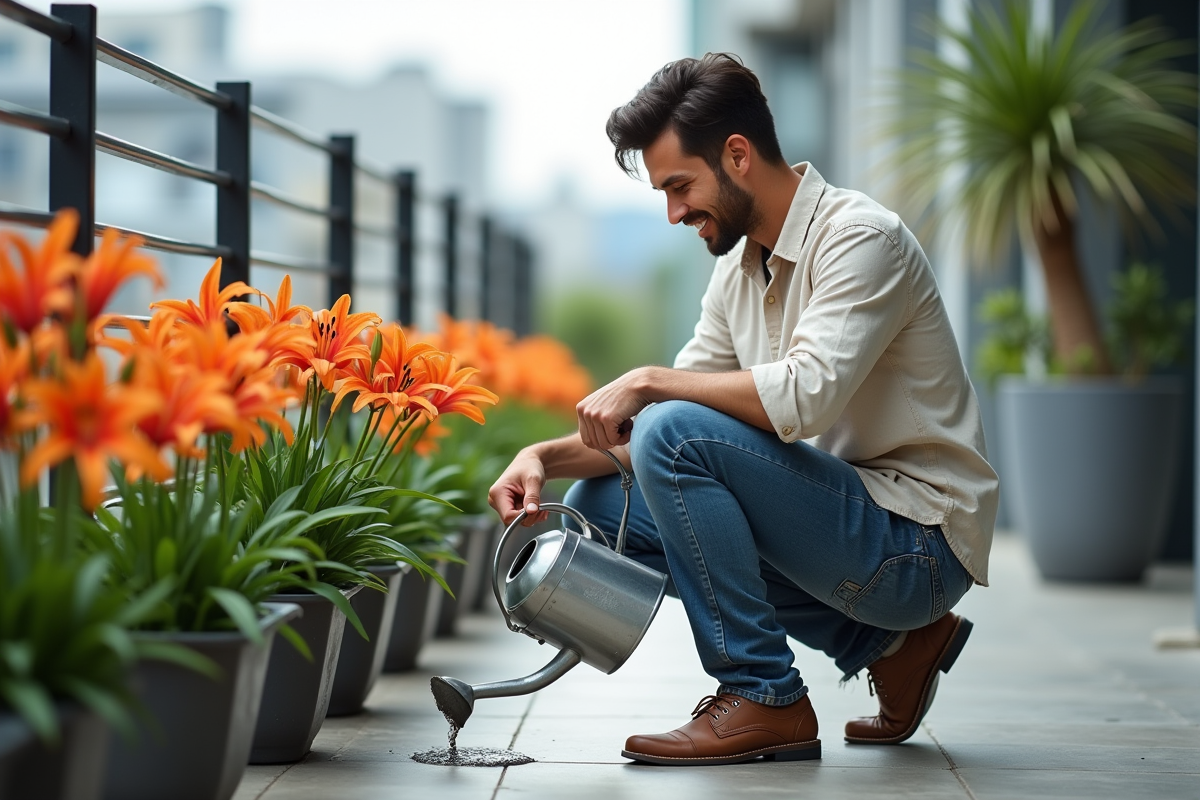 Jeune homme arrosant des lys en pot sur un balcon urbain