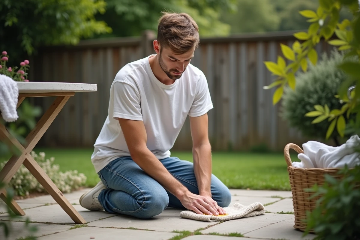 Jeune homme traitant une tache de baies sur un pantalon blanc