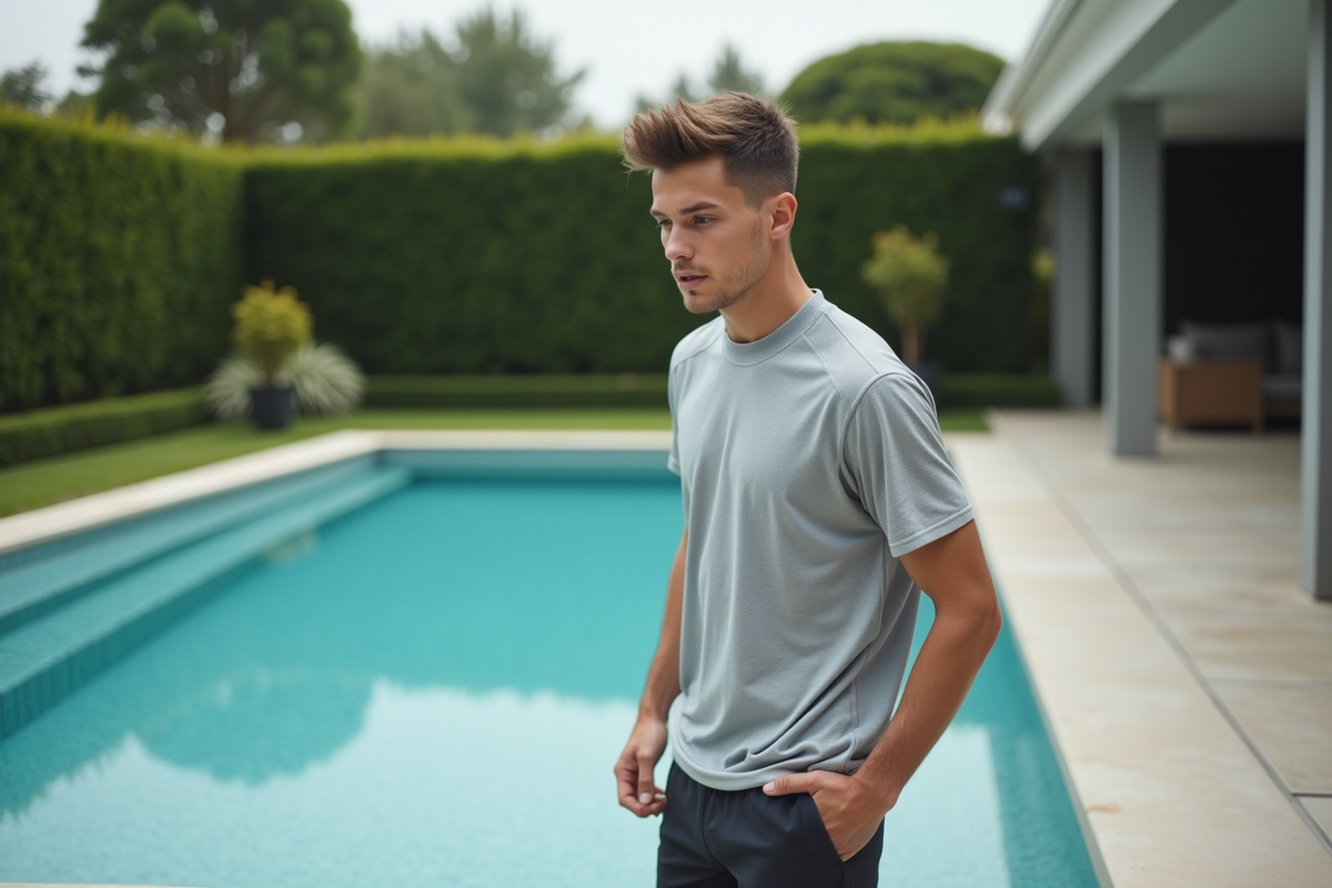 Jeune homme vérifiant une couverture de piscine moderne