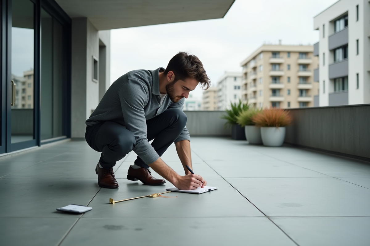 Jeune homme en terrasse mesurant le sol avec un ruban