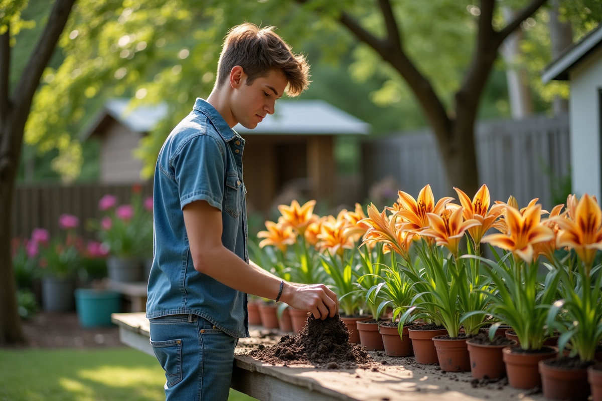 Jeune homme arrangeant des lys tigre dans des pots en extérieur