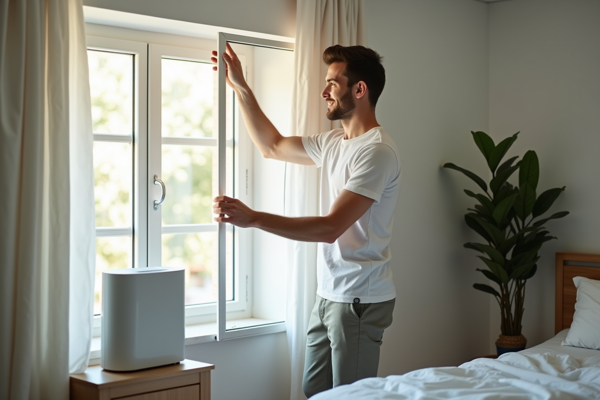 Jeune homme ajustant une fenêtre dans une chambre lumineuse