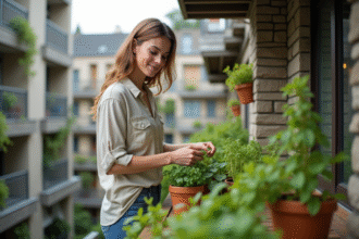 Jeune femme cultivant des herbes sur un balcon urbain
