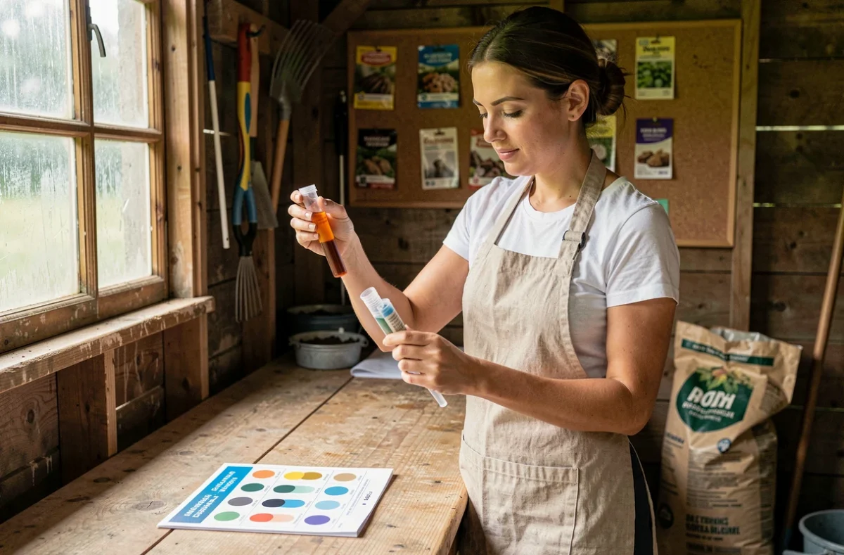 Femme utilisant un kit de test chimique du sol dans un cabanon de jardin en comparant les couleurs des réactifs