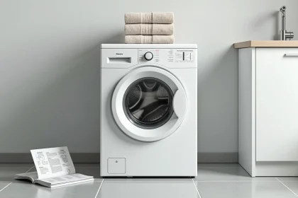 Lave-linge Whirlpool 9kg avec notice officielle ouverte dans une buanderie moderne