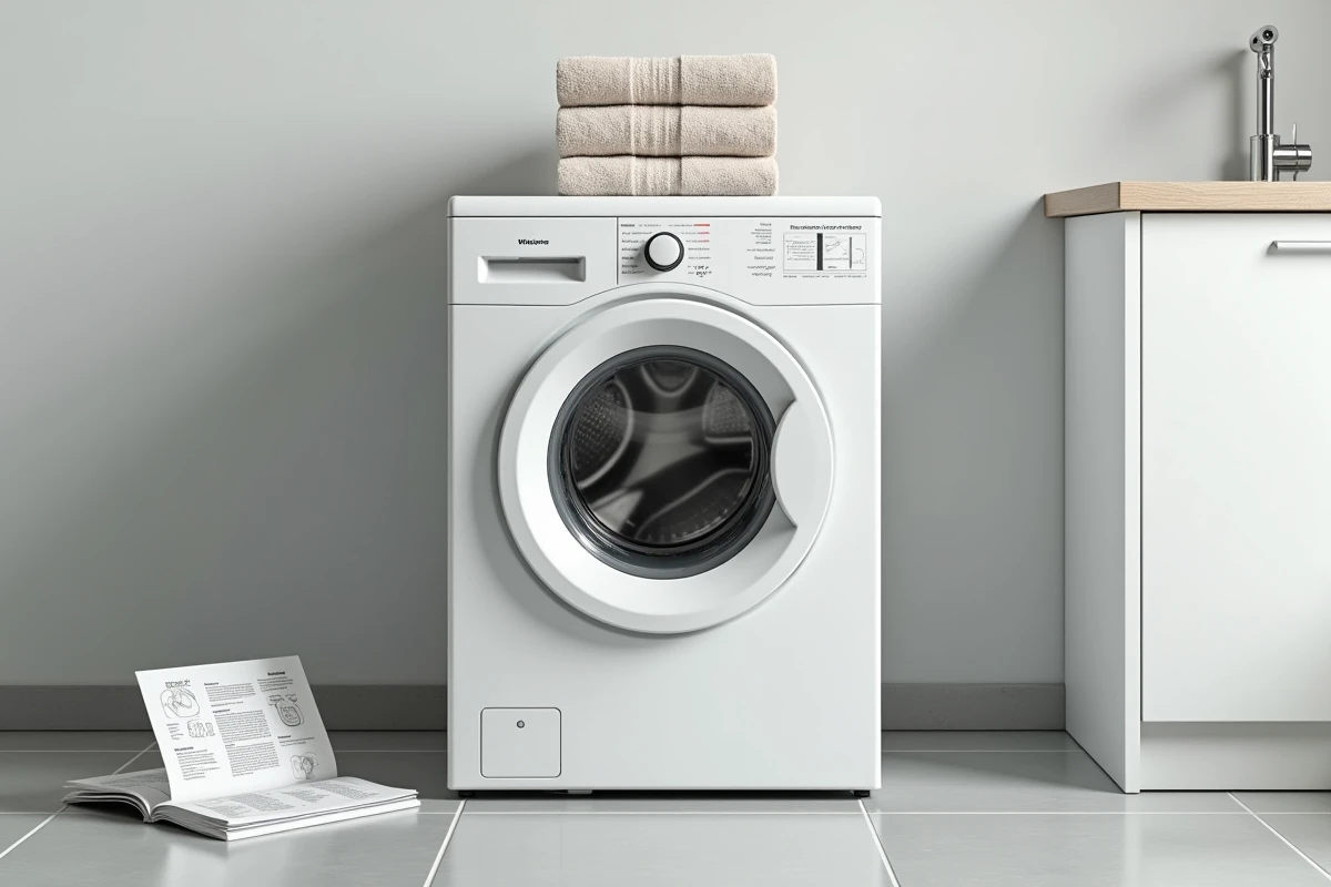 Lave-linge Whirlpool 9kg avec notice officielle ouverte dans une buanderie moderne