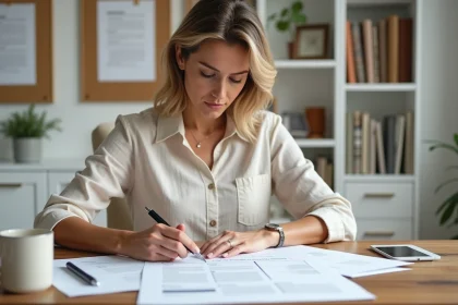 Femme lisant attentivement un devis décoration intérieure posé sur un bureau en bois dans un bureau à domicile
