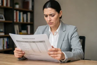 Femme lisant attentivement un document de tarifs avec des petites lignes en bas de page dans un bureau professionnel