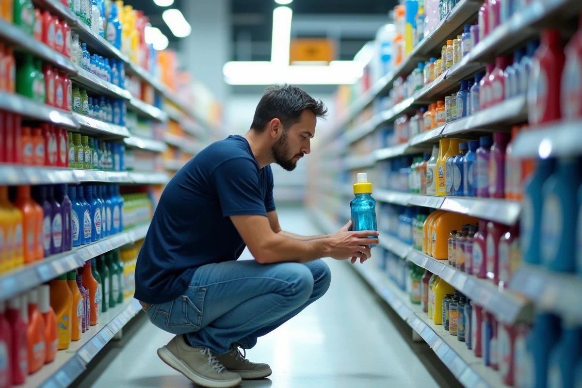 Homme lisant l'étiquette d'une lessive liquide dans un rayon de supermarché pour reconnaître un produit de qualité