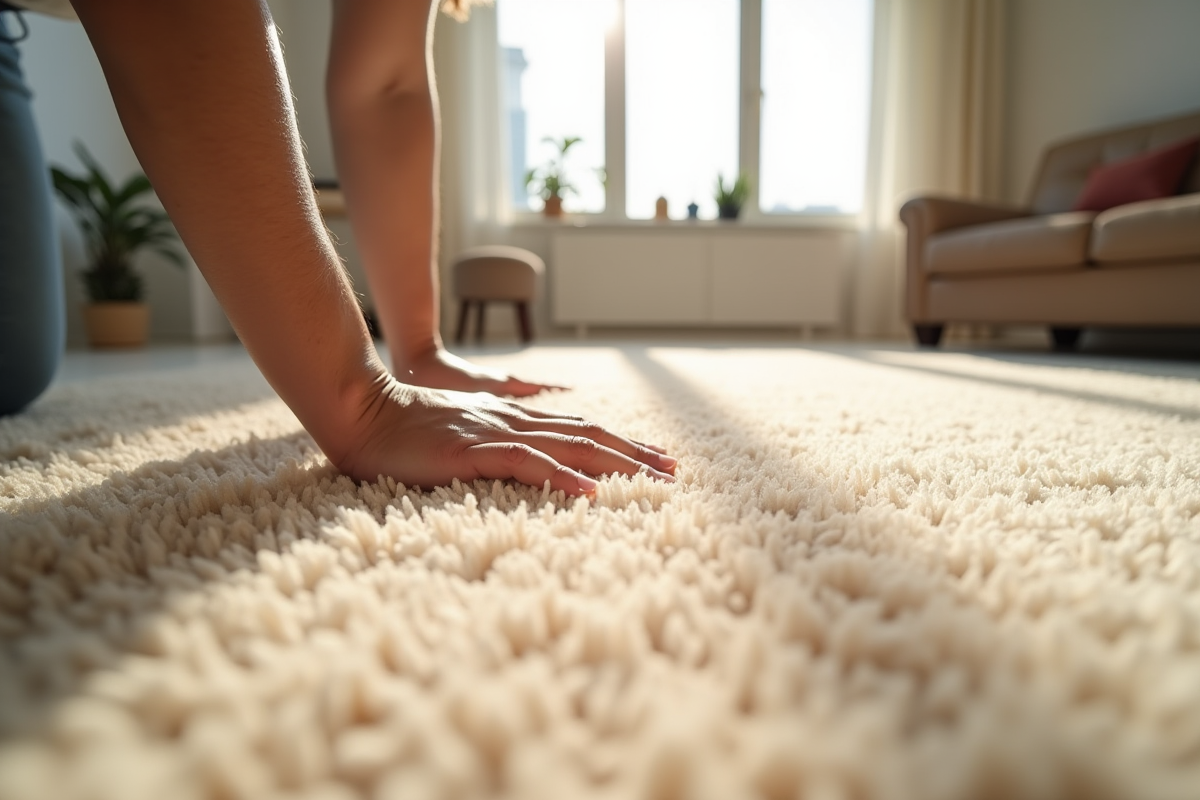 Personne lissant un tapis beige dans un salon lumineux