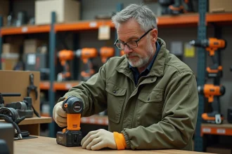 Homme en veste de travail examinant une perceuse en location dans un magasin de bricolage, avec tableau de tarifs journaliers visible au mur