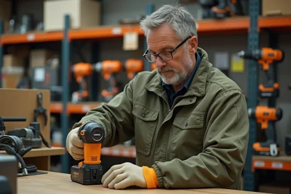 Homme en veste de travail examinant une perceuse en location dans un magasin de bricolage, avec tableau de tarifs journaliers visible au mur