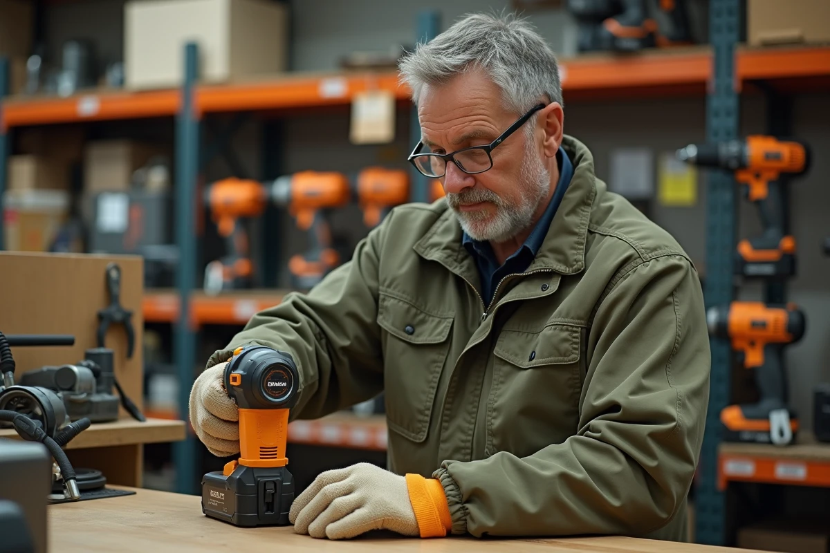 Homme en veste de travail examinant une perceuse en location dans un magasin de bricolage, avec tableau de tarifs journaliers visible au mur