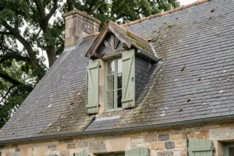 Façade d'une maison régionale française avec lucarne chien-assis en ardoise et volets en bois peints en vert sauge