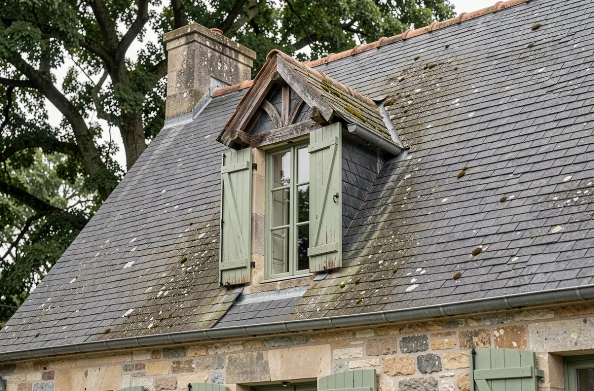 Façade d'une maison régionale française avec lucarne chien-assis en ardoise et volets en bois peints en vert sauge