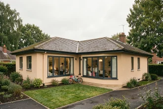 Maison en L moderne avec 4 chambres vue de l'extérieur dans un quartier résidentiel familial