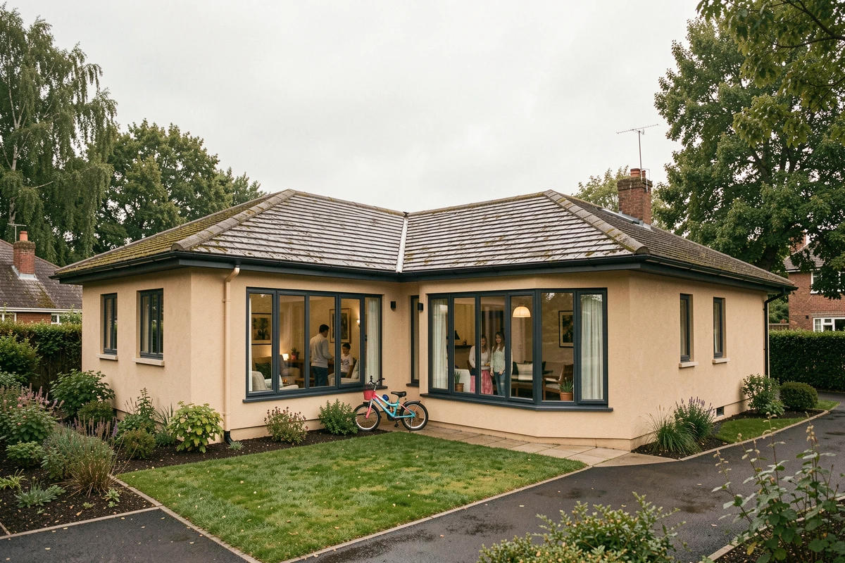 Maison en L moderne avec 4 chambres vue de l'extérieur dans un quartier résidentiel familial