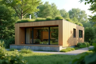 Maison modulaire écologique en bois avec toit végétalisé dans un cadre verdoyant suburbain